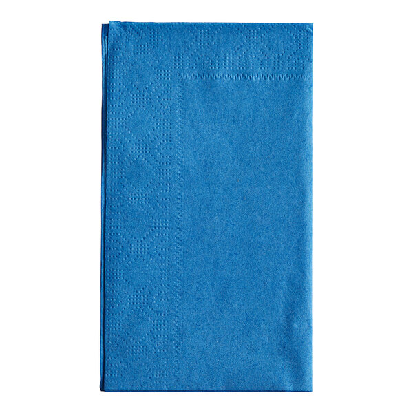 A close-up of a blue Hoffmaster paper dinner napkin.