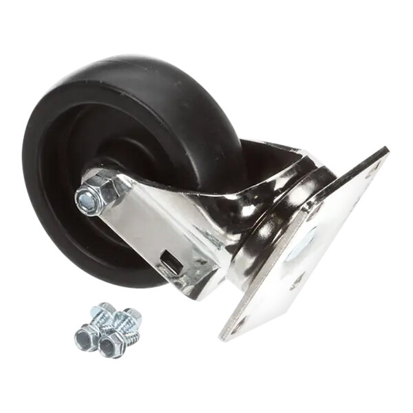 A black US Range swivel caster wheel with a silver plate and screws.