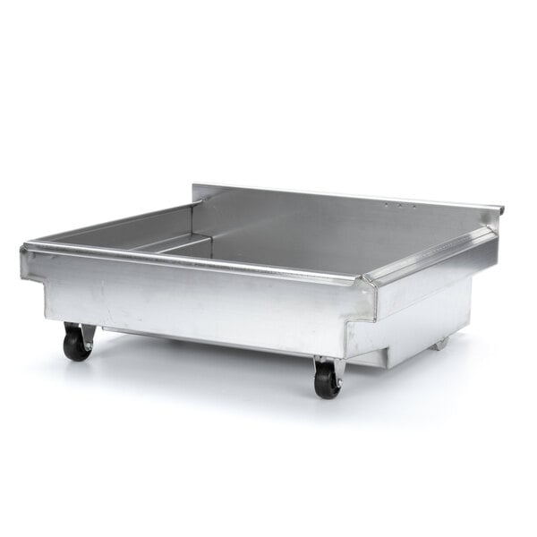 A stainless steel Pitco filter pan with wheels.