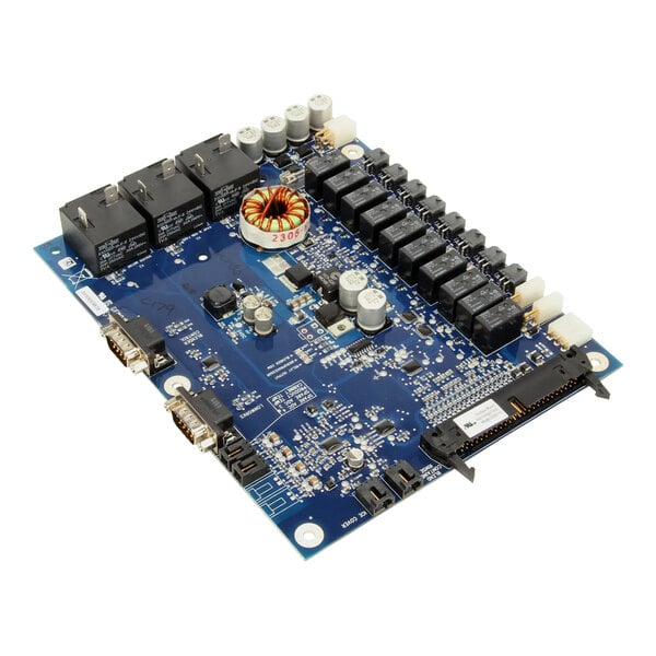 A blue Multiplex smoothie control board with many small black and white ports.