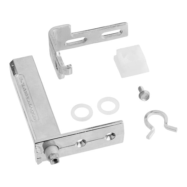 A metal bracket with a stainless steel latch and hardware kit for a Beverage-Air bottom right hinge.