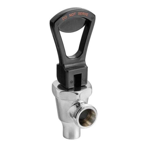 A metal faucet with a black plastic handle labeled 'DO NOT SERVE' in red letters.