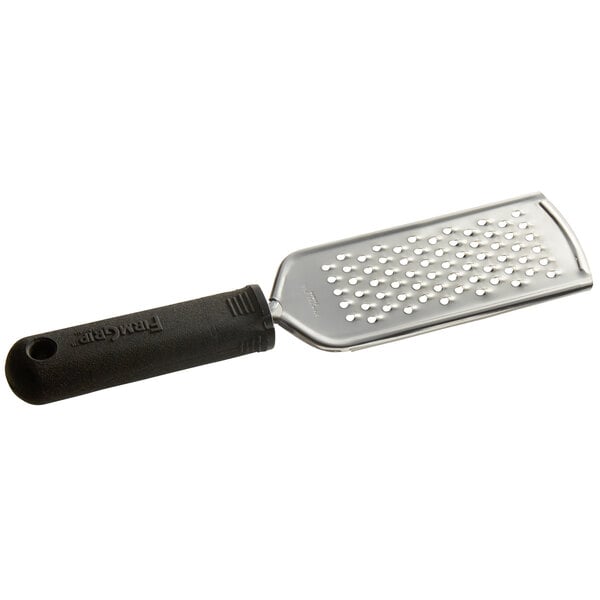 A Tablecraft stainless steel grater with a black handle.