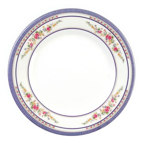 A white plate with a blue border.