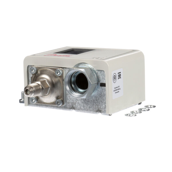 A white Heatcraft High Pressure Switch with a metal nut.