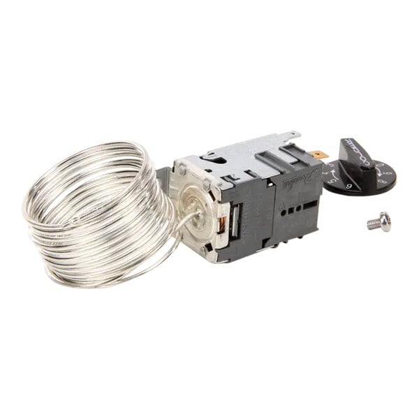 A refrigeration thermostat and temperature control unit with a coiled sensor, adjustment knob, and screw.