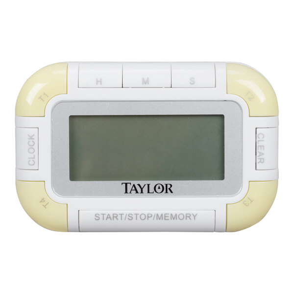 A digital 4-channel kitchen timer with a clock and a large display screen.