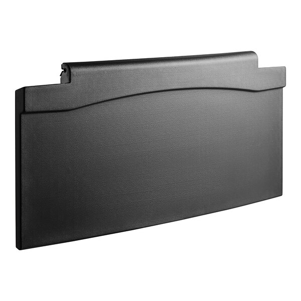 A black plastic rectangular door with a metal handle.
