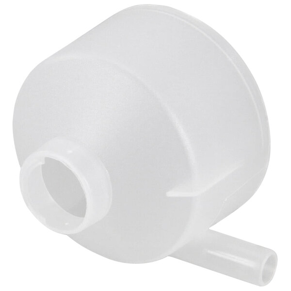 A white plastic mixing chamber with a hole and a black handle.