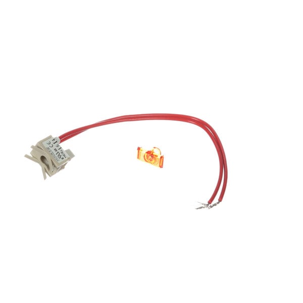 A red cable with a small connector and a yellow light.
