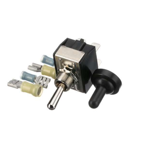A close-up of a Winston Industries Inc. black and white toggle switch with two wires.