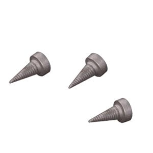 Three metal auger bits on a white background.