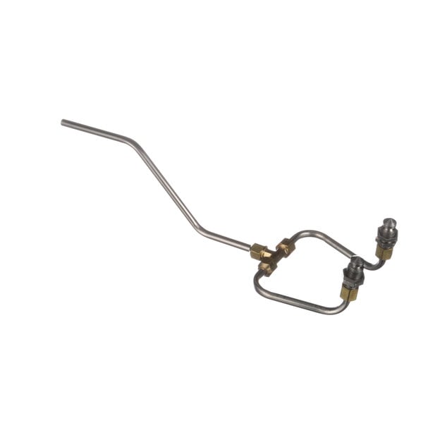 A metal pipe with two brass nozzles and a long metal rod.
