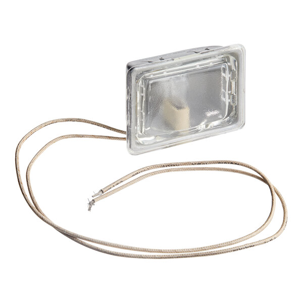 A rectangular glass bulb with two attached insulated wires.