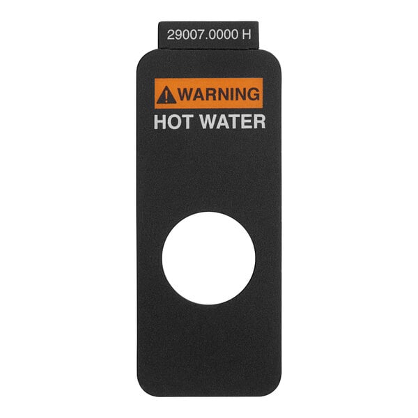 A black rectangular decal with white text reading "Hot Water" and an orange circle.