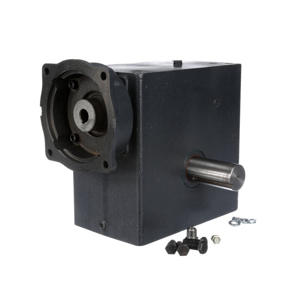 A black metal gear box with a round metal cylinder.