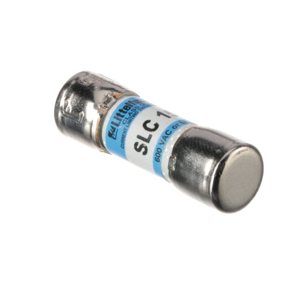 A close-up of a Low Temp Industries fuse with blue and silver writing.