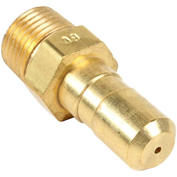 A gold brass orifice with a nut on a white background.