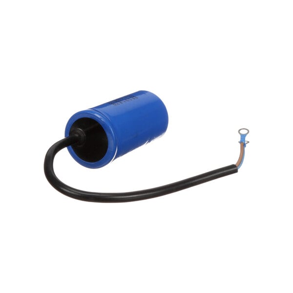 a blue capacitor with a black cap