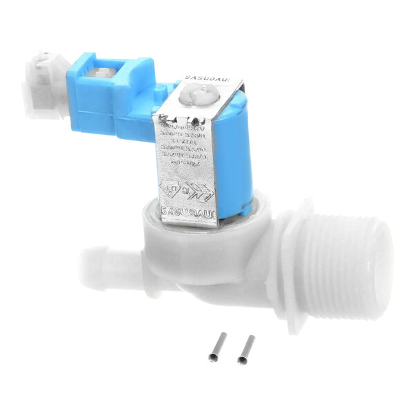 A white valve with a blue and silver metal piece and a screw.