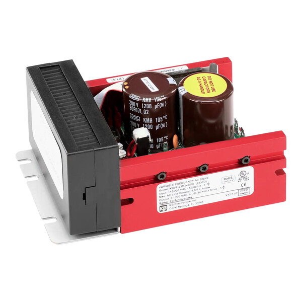 A red A.C. motor drive with two round electronic components.