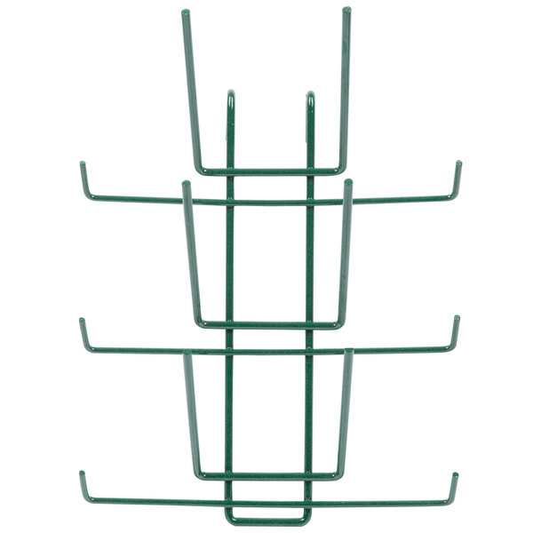 A green metal Metro bottle rack with six prongs.