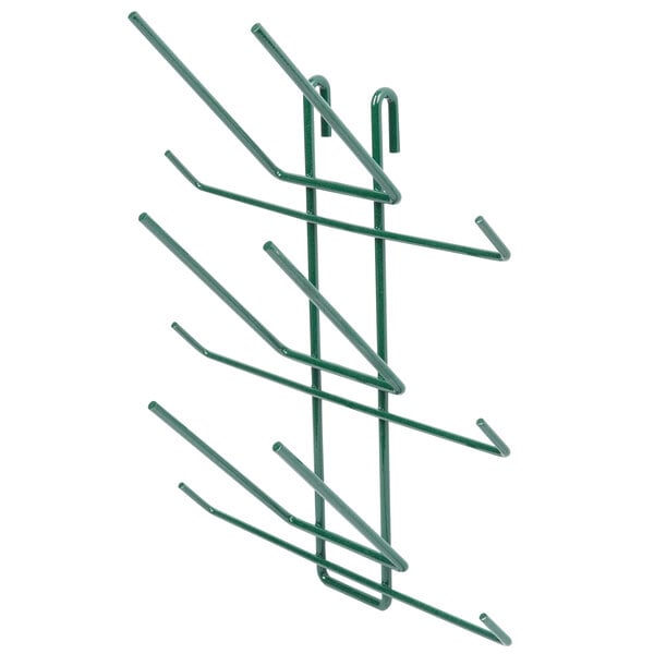 A green metal Metro bottle rack with six prongs.