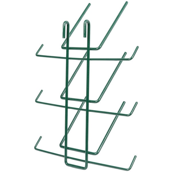 A green wire rack with six prongs.
