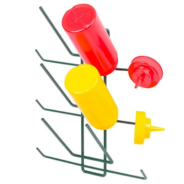 A Metro bottle rack holding three yellow and red cylinders on a green stand.