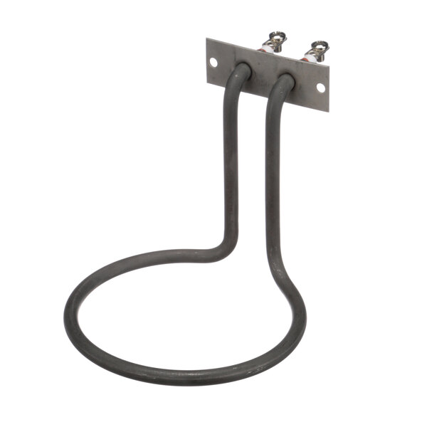 A black metal plate with two metal hooks on it.
