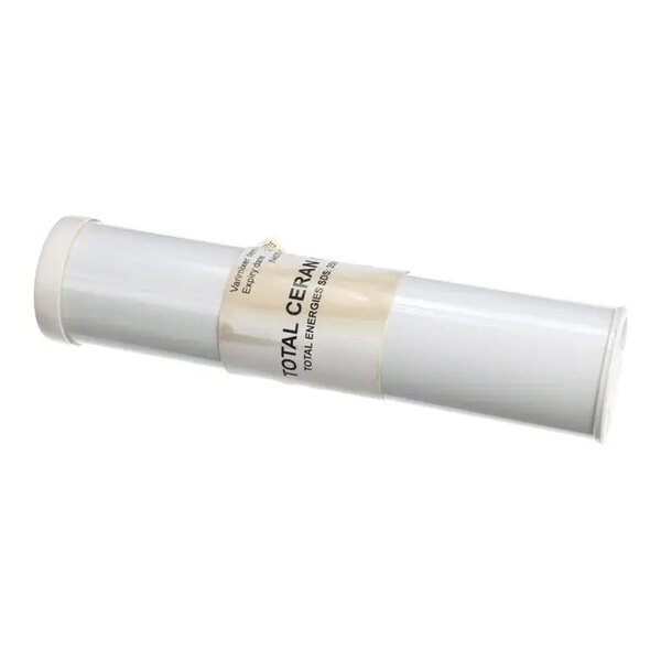 A white cylindrical container with a beige label wrapped around its middle.