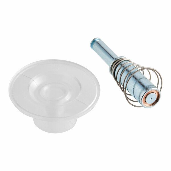 A clear plastic container with a metal tube, spring, and screw inside.