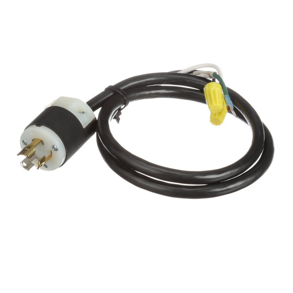 A black power cord with a yellow plug and white cable.