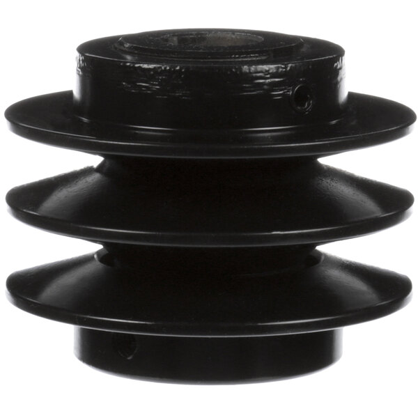 A black plastic Stero pulley with three holes.