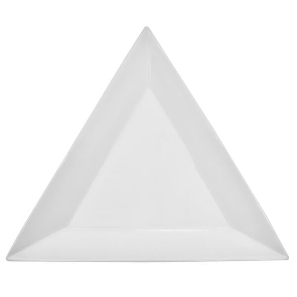 A case of 12 bright white triangular porcelain plates with a white surface and black lines forming a triangle.