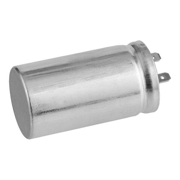 A cylindrical metal run capacitor with two electrical terminals.