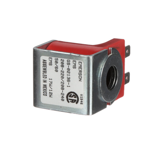 A close-up of a small red and metal Manitowoc Ice solenoid coil.