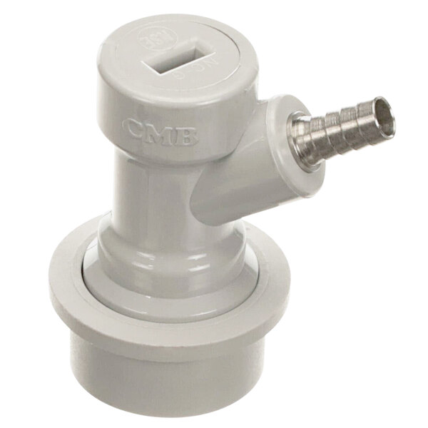 A white plastic pipe with a metal fitting.