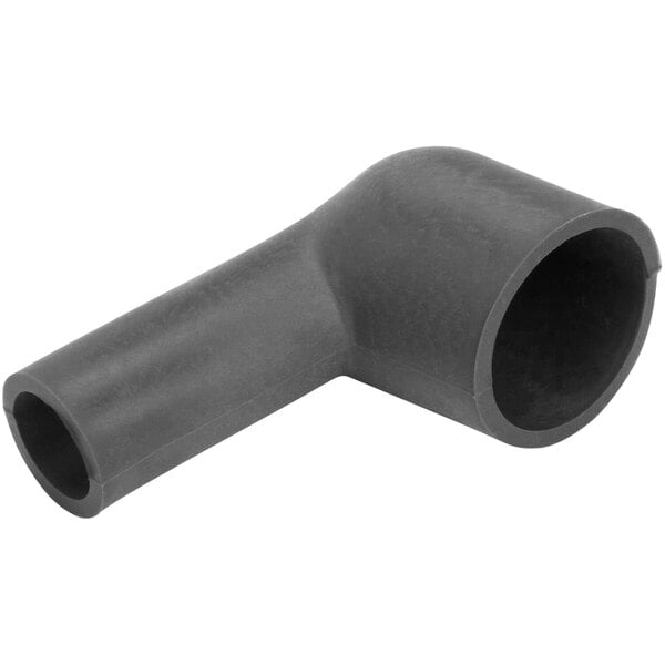 A black plastic Cornelius 53011 L 90 cold plate drain fitting with a hole.