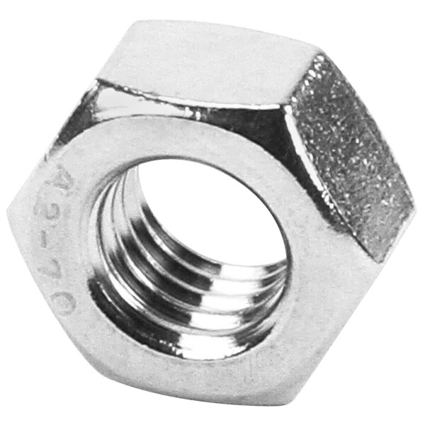 A close-up of a stainless steel hexagon nut.