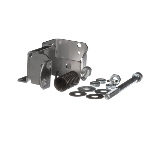 A metal bracket with nuts and bolts used to attach metal parts.