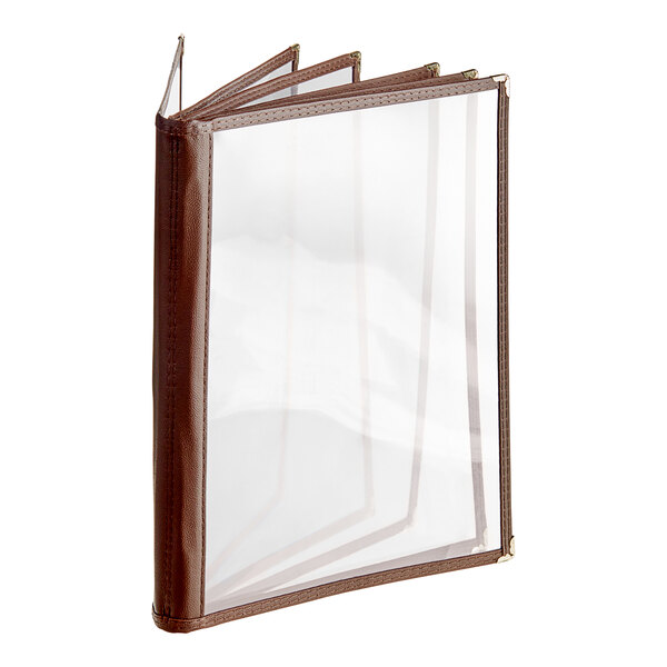 A brown leather Thunder Group menu cover with clear plastic pockets.