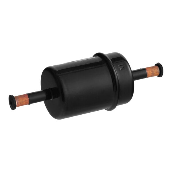 A black cylindrical liquid drier for refrigeration systems with copper inlet and outlet tubes.