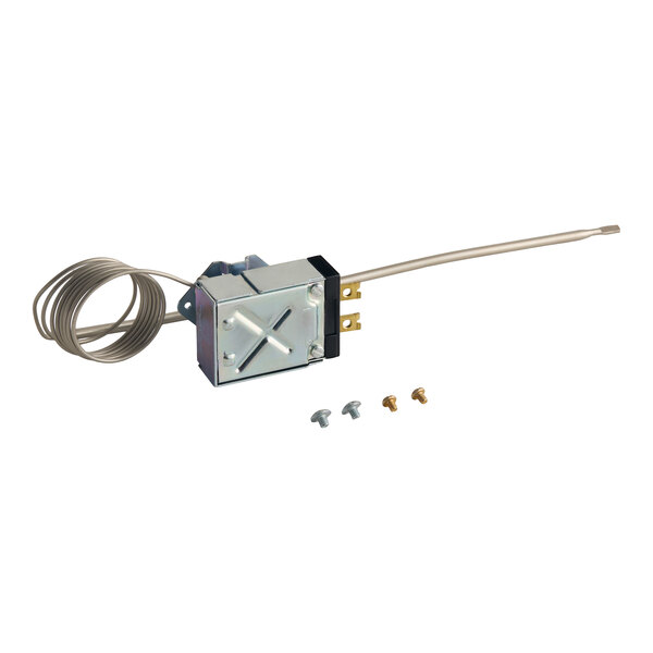 A metal oven thermostat with an attached temperature probe and three screws, designed for temperature control in ovens.