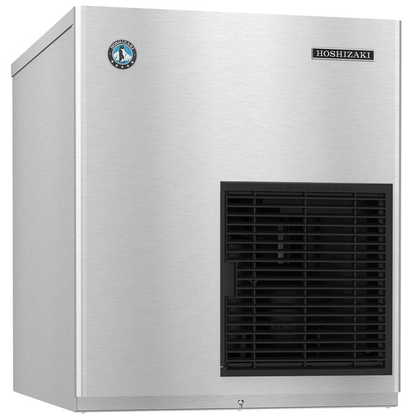 A silver rectangular Hoshizaki air cooled ice machine with a black vent.