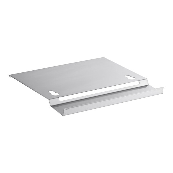 A metal rectangular shelf with a handle and holes.