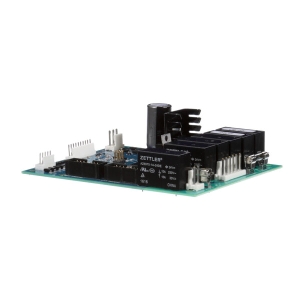A black circuit board with silver and black computer parts.