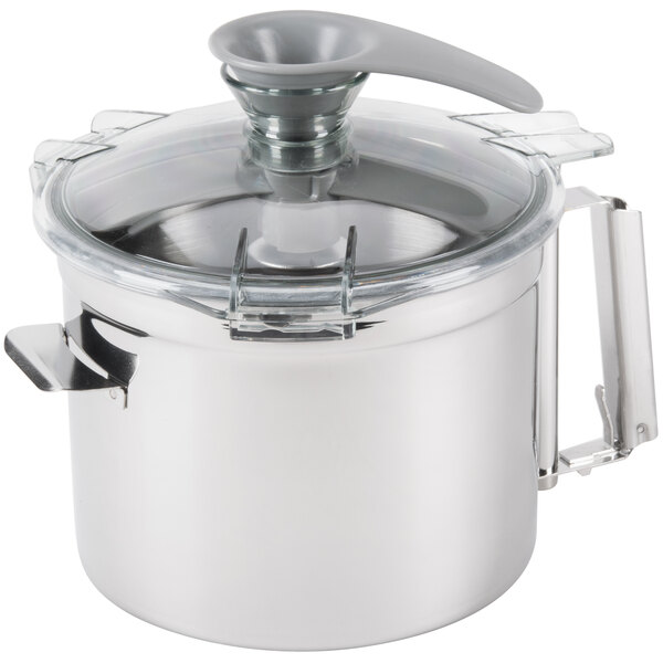 A Robot Coupe stainless steel bowl assembly with a lid.