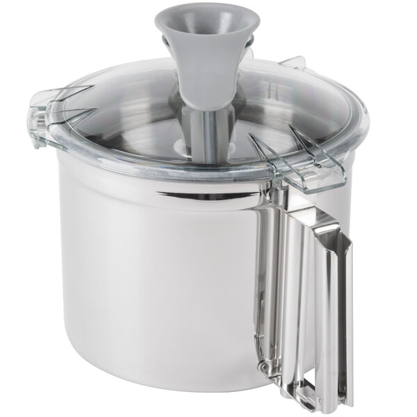 A silver stainless steel bowl with a handle.