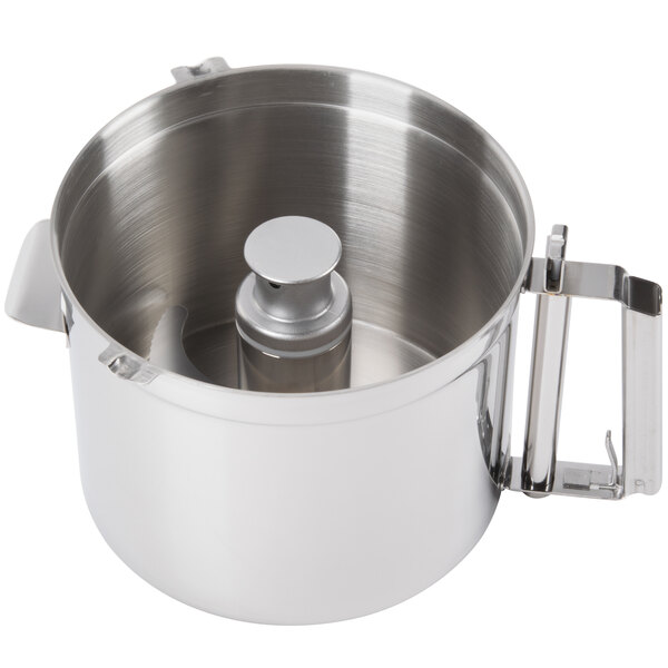 A Robot Coupe stainless steel bowl with a handle.